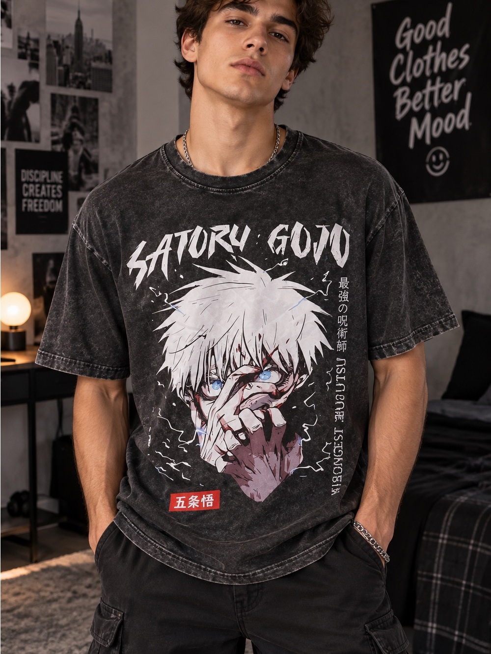 200 Men's Satoru Gojo Graphic Tee - Washed Black